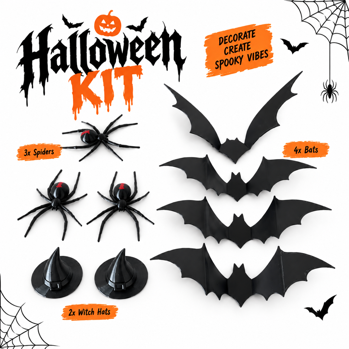 Halloween Decoration Kit – Spiders, Bats & Witch Hats