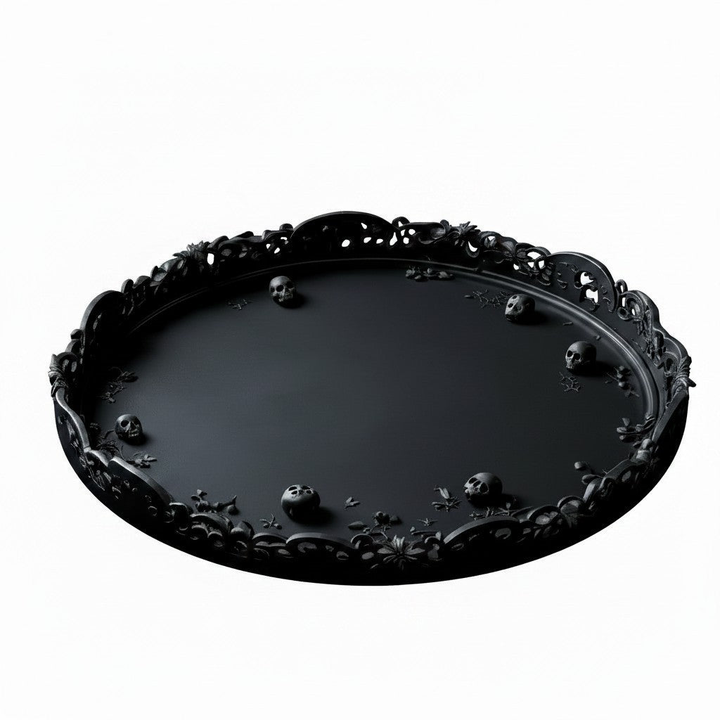 Gothic Halloween Serving Tray – Ornate Skull & Bat Decorative Tray