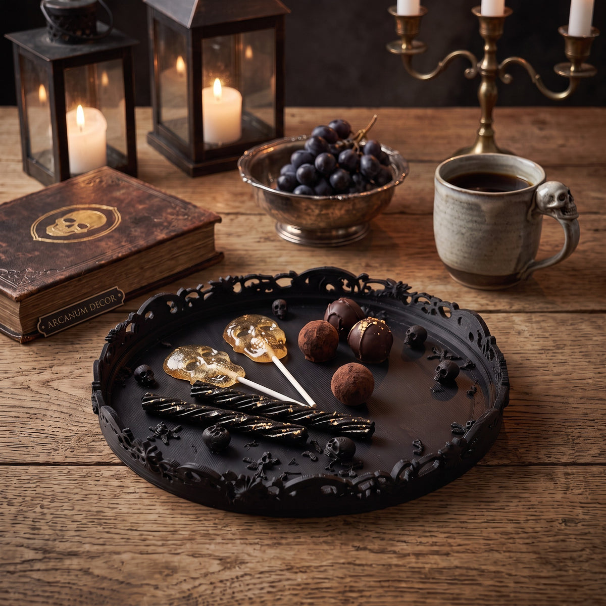 Gothic Halloween Serving Tray – Ornate Skull & Bat Decorative Tray