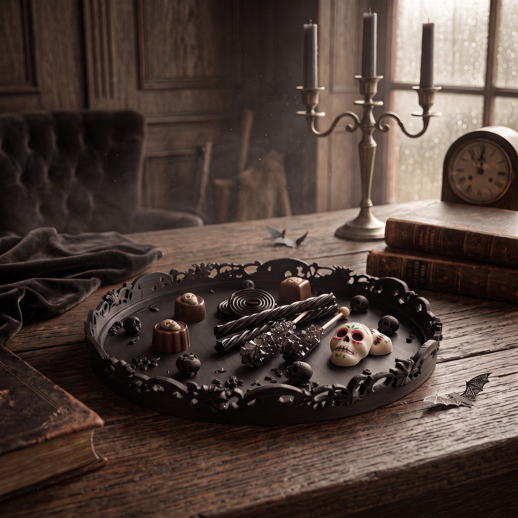 Gothic Halloween Serving Tray – Ornate Skull & Bat Decorative Tray
