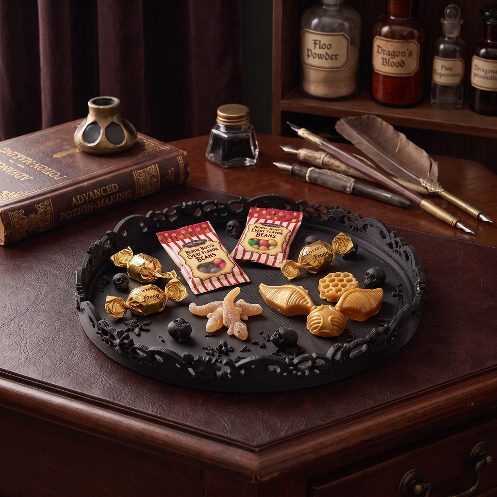 Gothic Halloween Serving Tray – Ornate Skull & Bat Decorative Tray