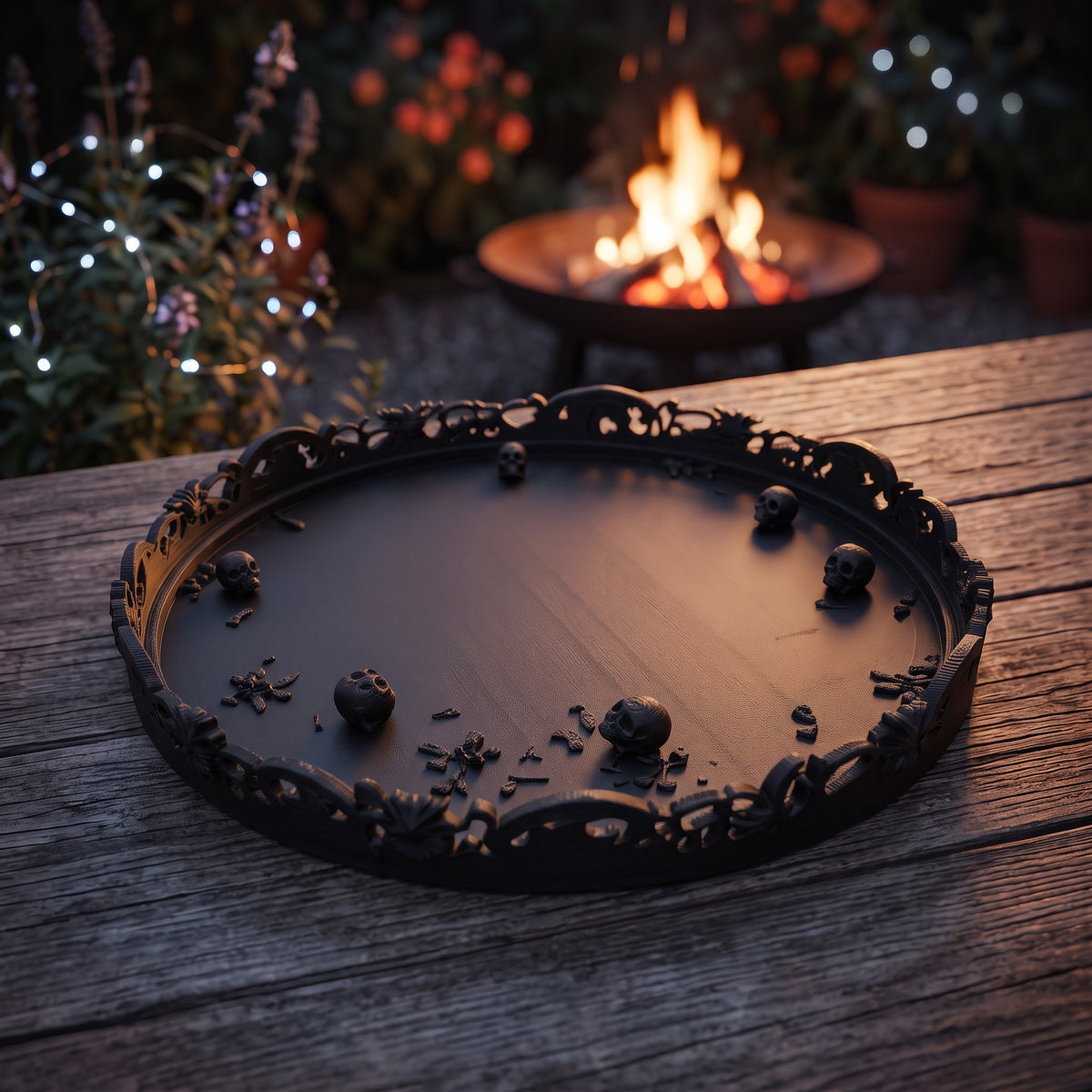 Gothic Halloween Serving Tray – Ornate Skull & Bat Decorative Tray