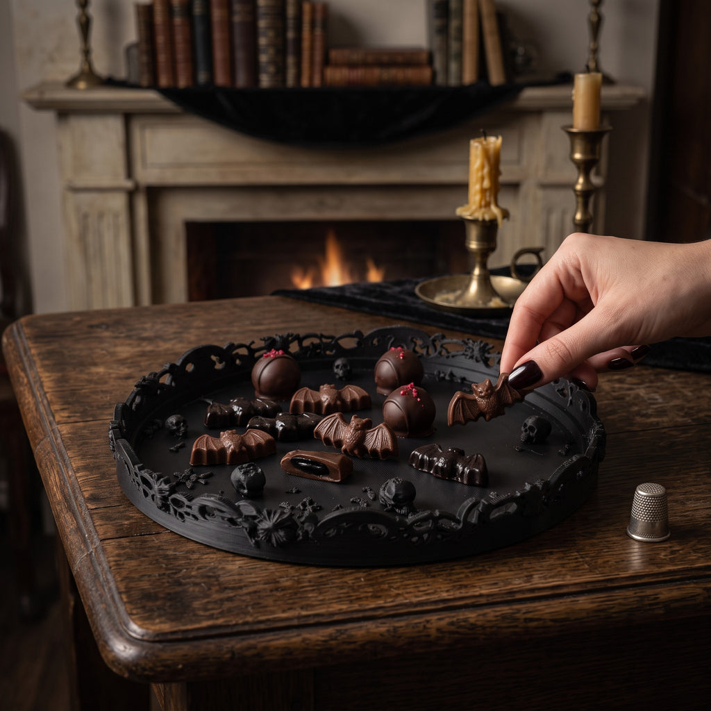 Gothic Halloween Serving Tray – Ornate Skull & Bat Decorative Tray