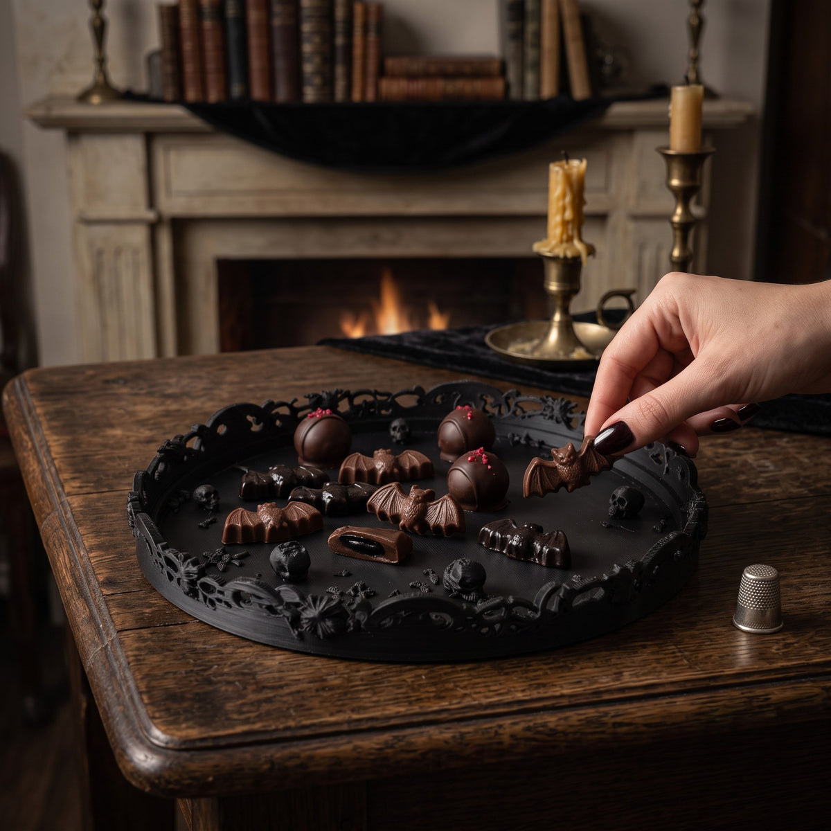 Gothic Halloween Serving Tray – Ornate Skull & Bat Decorative Tray