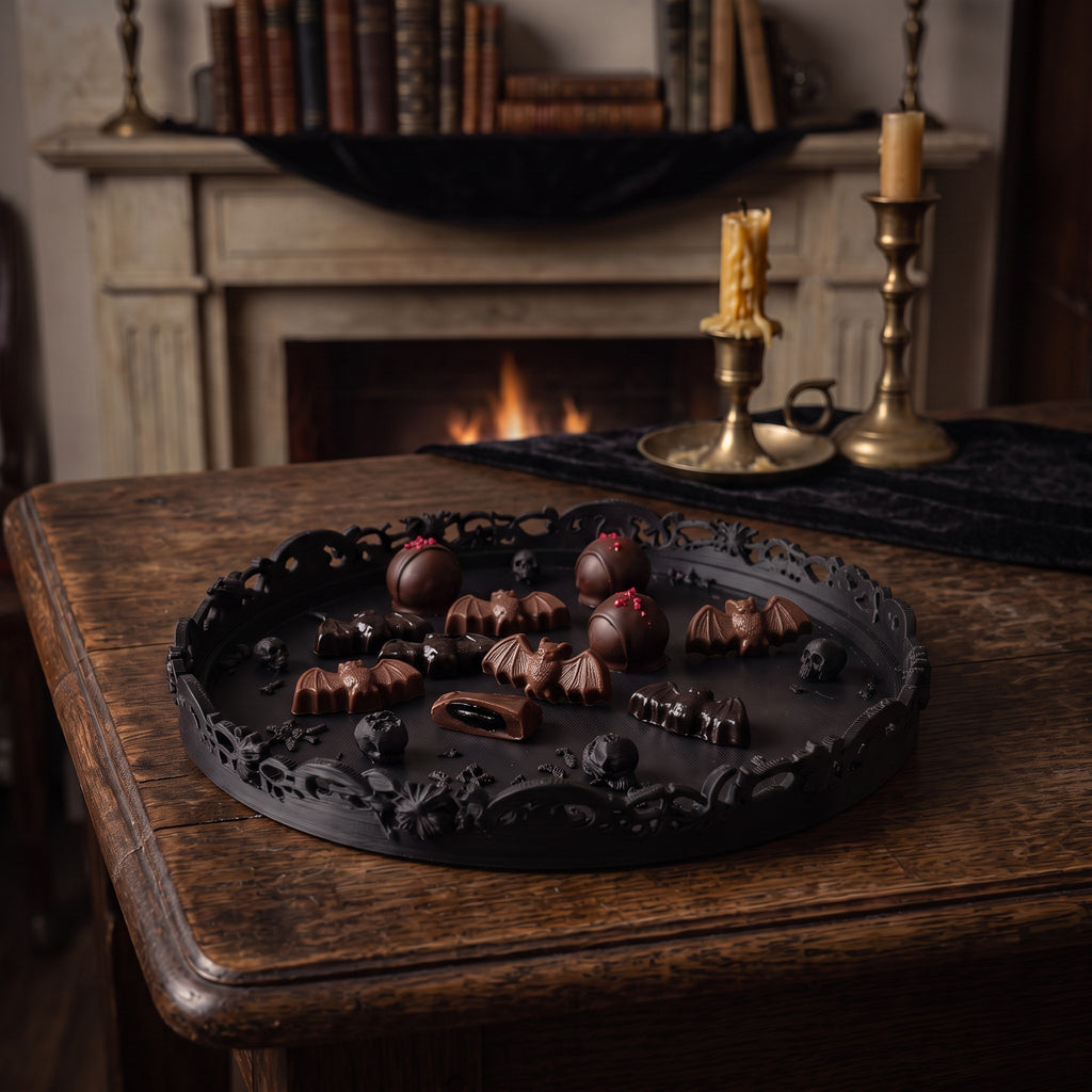 Gothic Halloween Serving Tray – Ornate Skull & Bat Decorative Tray