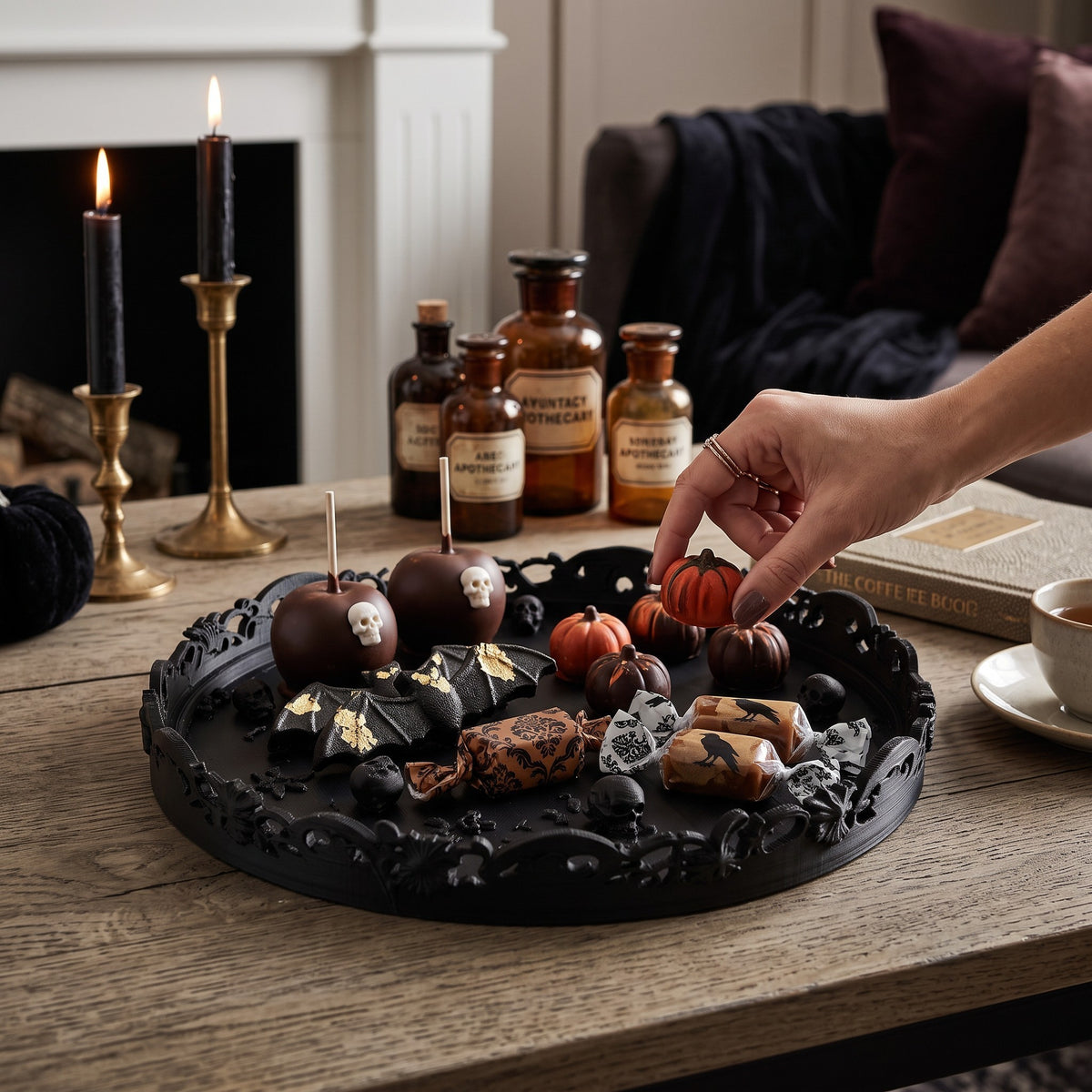 Gothic Halloween Serving Tray – Ornate Skull & Bat Decorative Tray