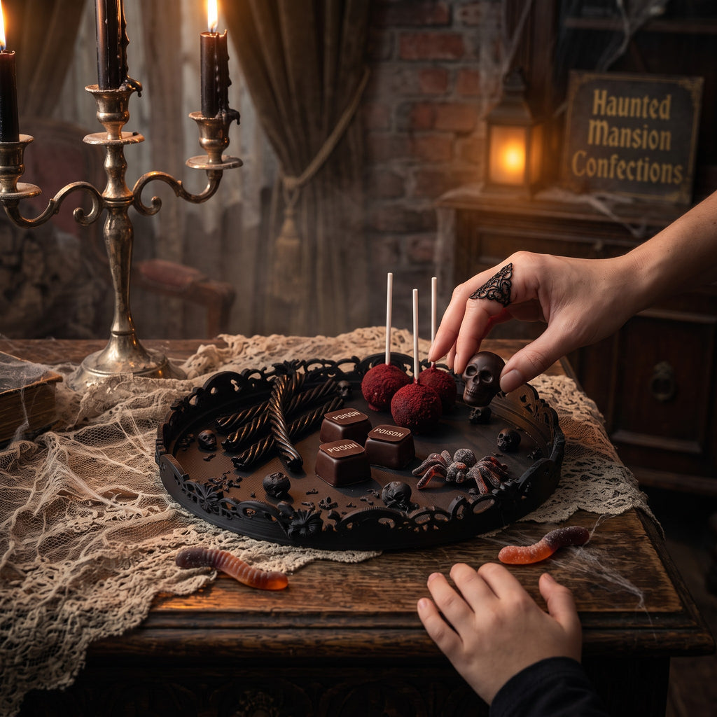 Gothic Halloween Serving Tray – Ornate Skull & Bat Decorative Tray