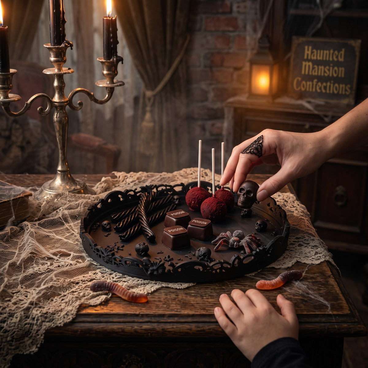 Gothic Halloween Serving Tray – Ornate Skull & Bat Decorative Tray