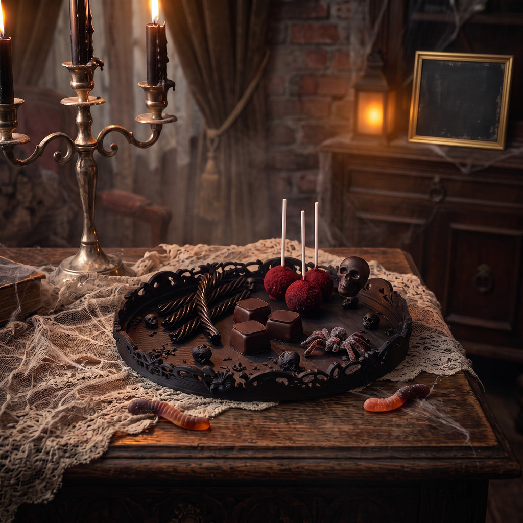 Gothic Halloween Serving Tray – Ornate Skull & Bat Decorative Tray