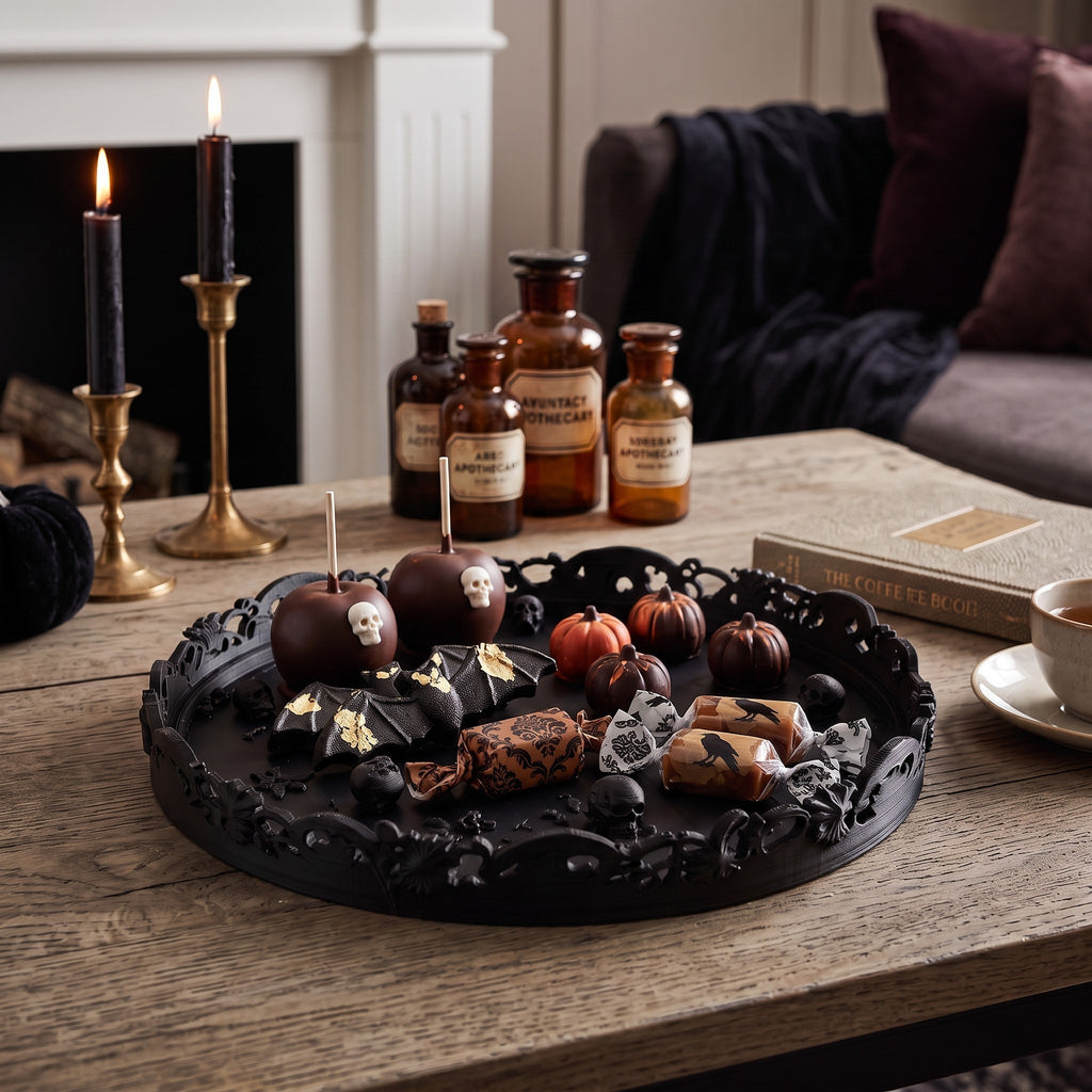 Gothic Halloween Serving Tray – Ornate Skull & Bat Decorative Tray