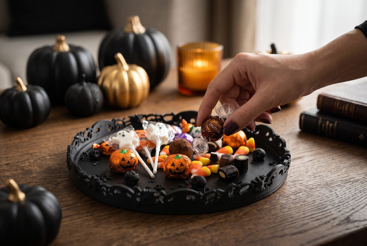 Gothic Halloween Serving Tray – Ornate Skull & Bat Decorative Tray