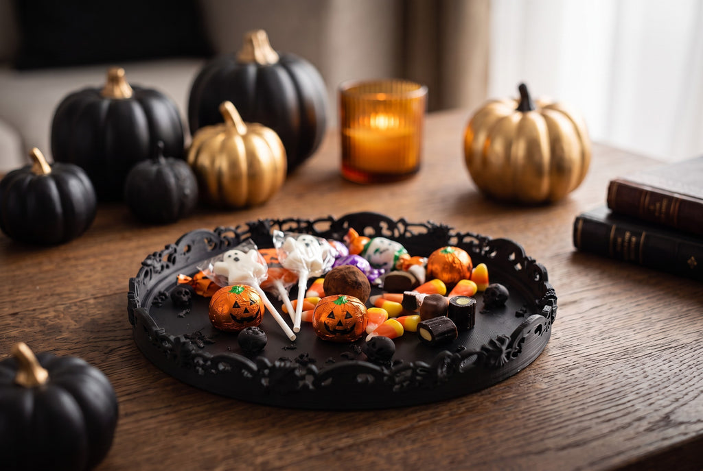 Gothic Halloween Serving Tray – Ornate Skull & Bat Decorative Tray