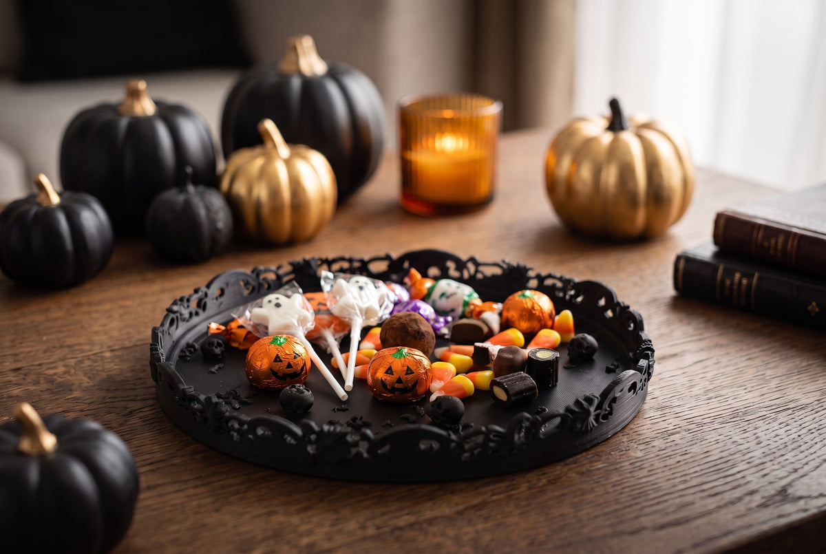 Gothic Halloween Serving Tray – Ornate Skull & Bat Decorative Tray