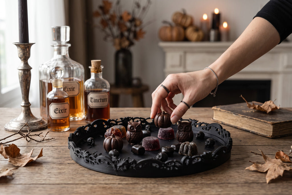 Gothic Halloween Serving Tray – Ornate Skull & Bat Decorative Tray