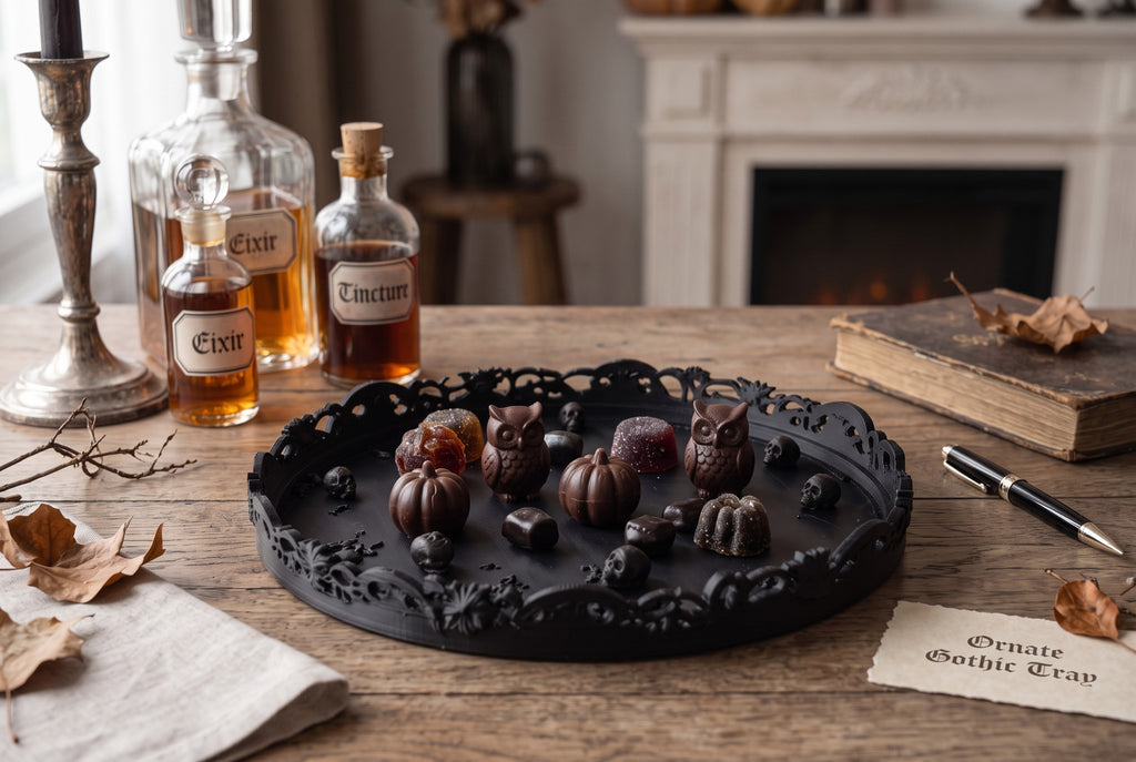 Gothic Halloween Serving Tray – Ornate Skull & Bat Decorative Tray