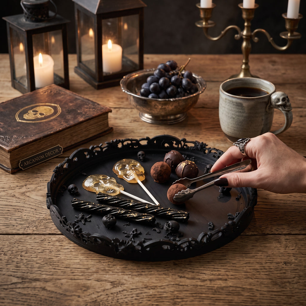 Gothic Halloween Serving Tray – Ornate Skull & Bat Decorative Tray