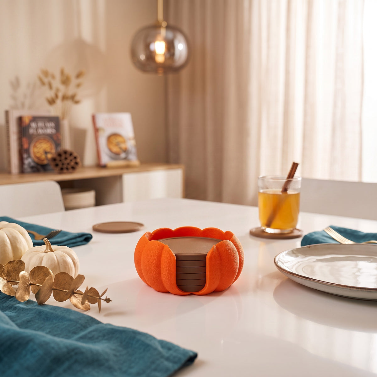 Pumpkin Coaster Set with Decorative Holder