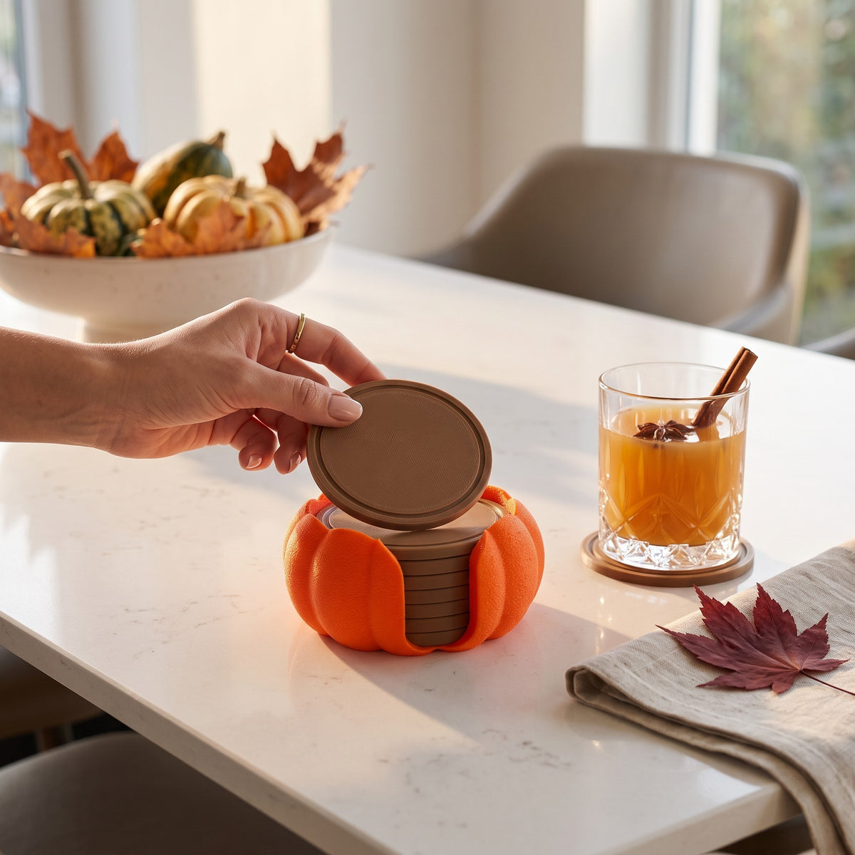 Pumpkin Coaster Set with Decorative Holder