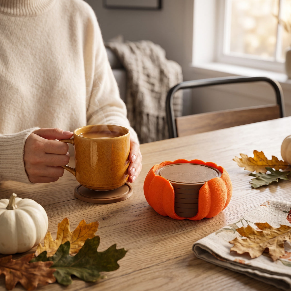 Pumpkin Coaster Set with Decorative Holder
