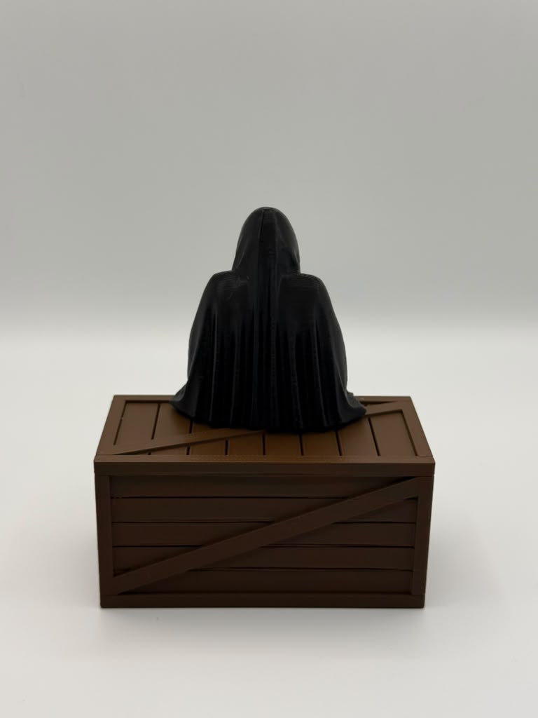 Grim Reaper Figurine – Seated Dark Decor with Wooden Crate