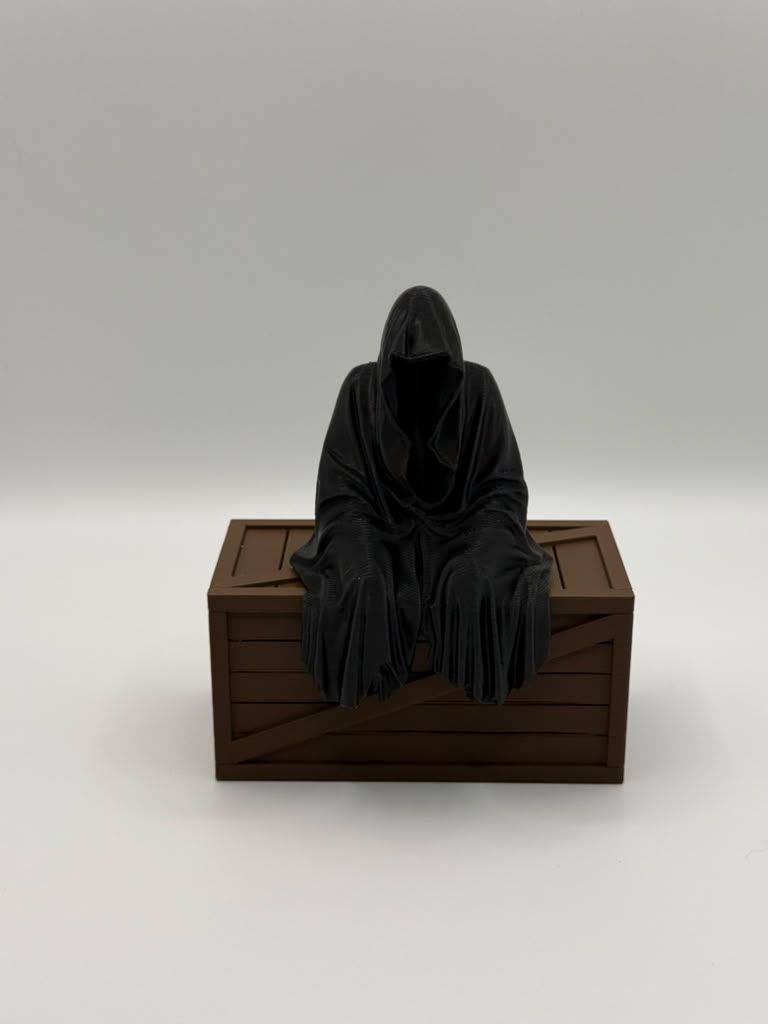 Grim Reaper Figurine – Seated Dark Decor with Wooden Crate